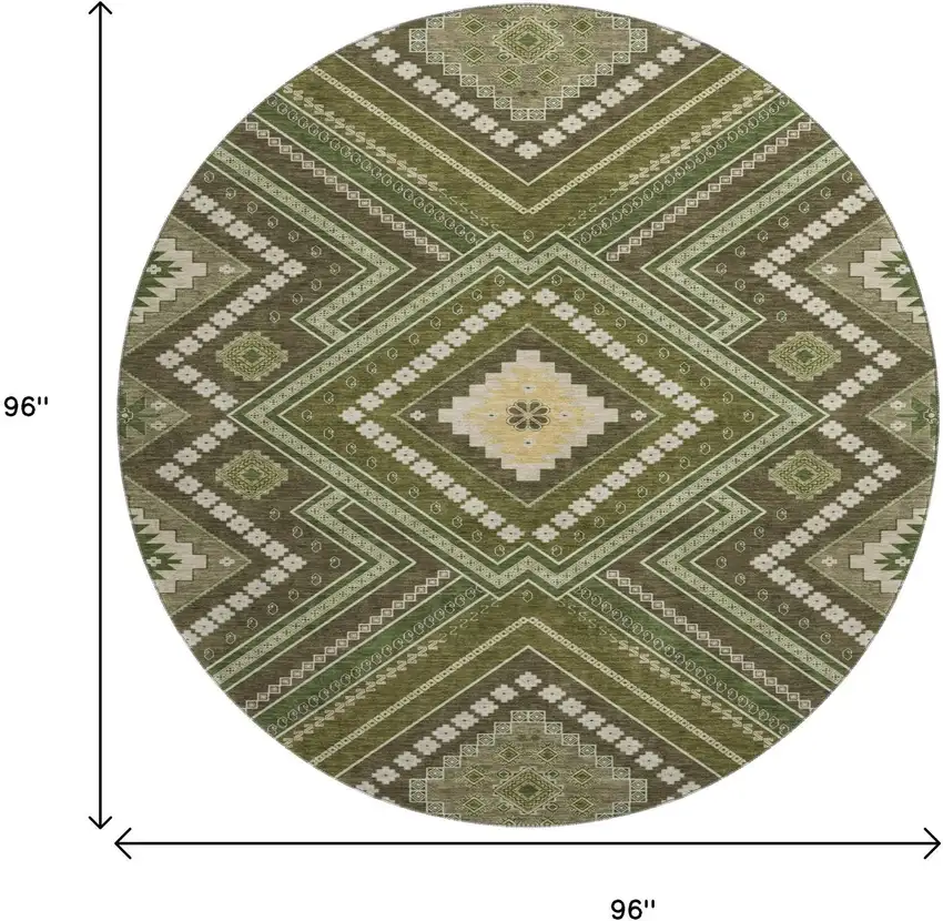 8' Olive Green Ivory And Brown Tribal Washable Round Rug With UV Protection Photo 9