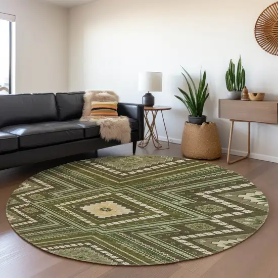 8' Olive Green Ivory And Brown Tribal Washable Round Rug With UV Protection Photo 4