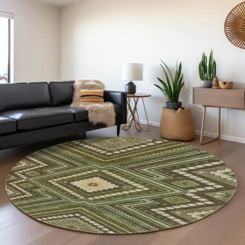 8' Olive Green Ivory And Brown Tribal Washable Round Rug With UV Protection Photo 4