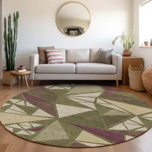 Photo of 8' Olive Green Ivory And Burgundy Round Geometric Washable Indoor Outdoor Area Rug