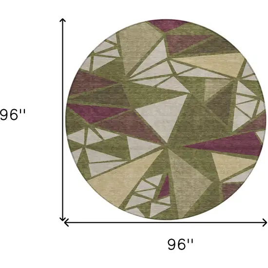 8' Olive Green Ivory And Burgundy Round Geometric Washable Indoor Outdoor Area Rug Photo 3