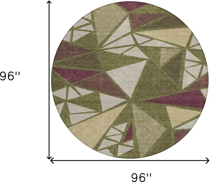 8' Olive Green Ivory And Burgundy Round Geometric Washable Indoor Outdoor Area Rug Photo 3