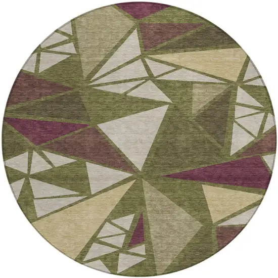 8' Olive Green Ivory And Burgundy Round Geometric Washable Indoor Outdoor Area Rug Photo 2