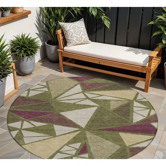 8' Olive Green Ivory And Burgundy Round Geometric Washable Indoor Outdoor Area Rug Photo 1