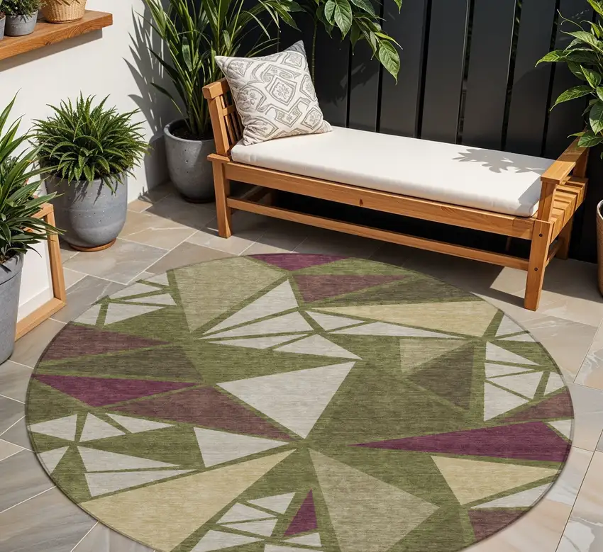 8' Olive Green Ivory And Burgundy Round Geometric Washable Indoor Outdoor Area Rug Photo 1