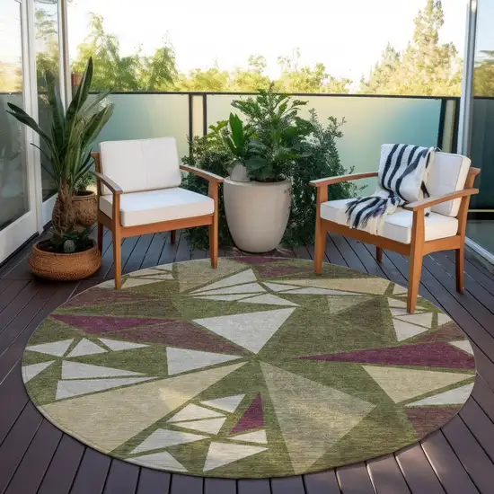 8' Olive Green Ivory And Burgundy Round Geometric Washable Indoor Outdoor Area Rug Photo 7
