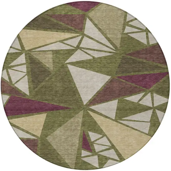 8' Olive Green Ivory And Burgundy Round Geometric Washable Indoor Outdoor Area Rug Photo 6