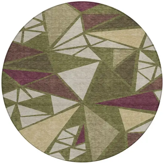 8' Olive Green Ivory And Burgundy Round Geometric Washable Indoor Outdoor Area Rug Photo 5