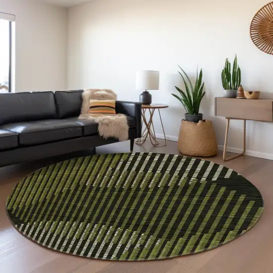 8' Olive Green Ivory And Charcoal Geometric Washable Round Rug With UV Protection Photo 4