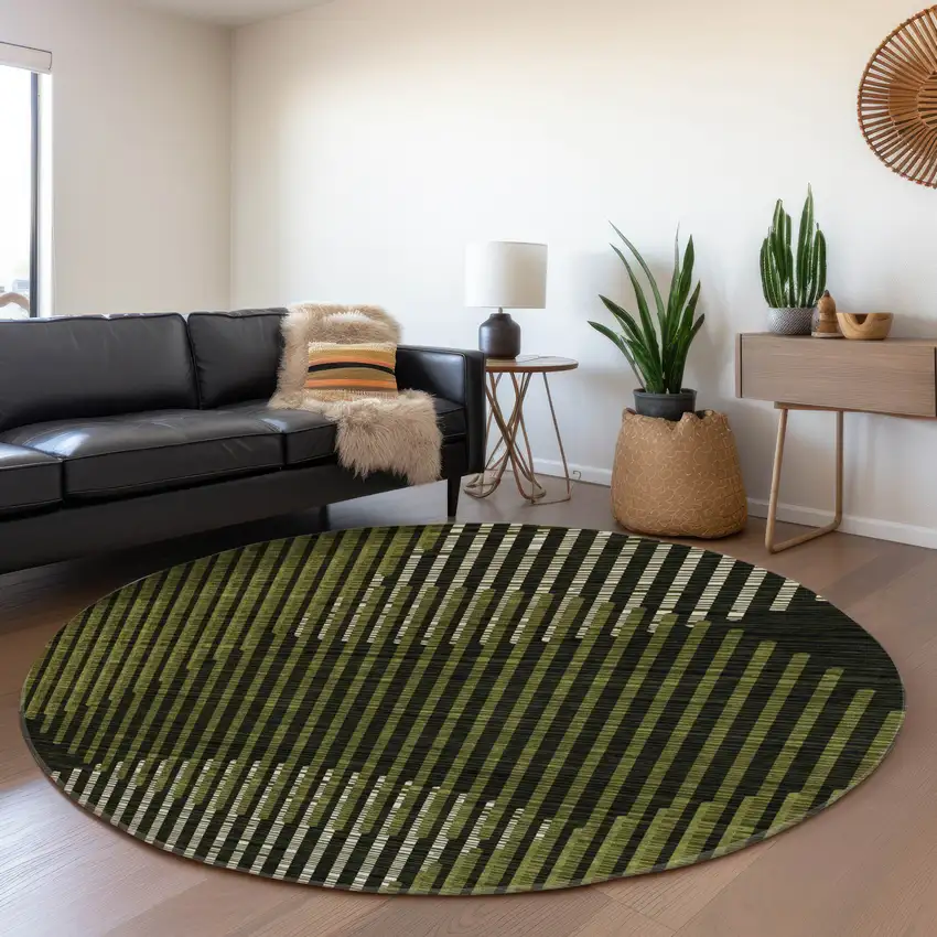 8' Olive Green Ivory And Charcoal Geometric Washable Round Rug With UV Protection Photo 4