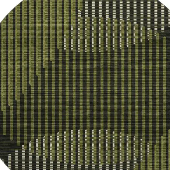 8' Olive Green Ivory And Charcoal Geometric Washable Round Rug With UV Protection Photo 2