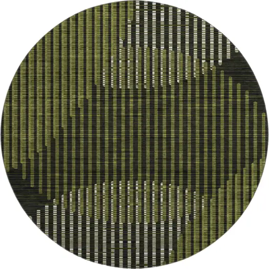 8' Olive Green Ivory And Charcoal Geometric Washable Round Rug With UV Protection Photo 1