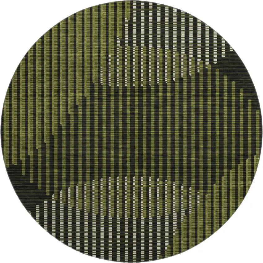 8' Olive Green Ivory And Charcoal Geometric Washable Round Rug With UV Protection Photo 1