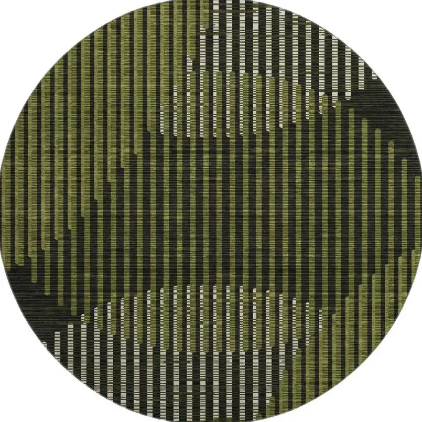 8' Olive Green Ivory And Charcoal Geometric Washable Round Rug With UV Protection Photo 3