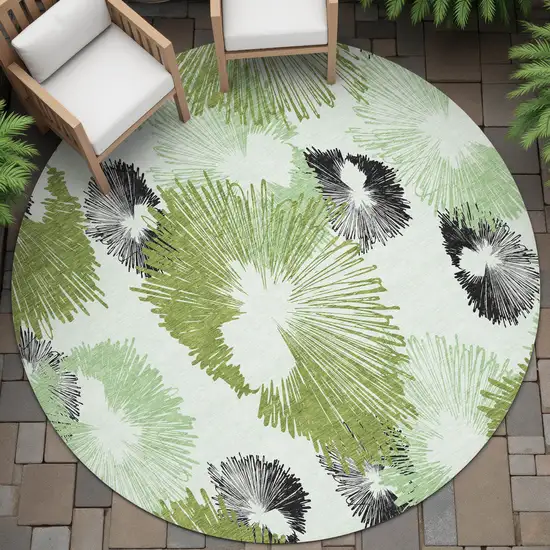 8' Olive Green Ivory And Charcoal Round Floral Washable Indoor Outdoor Area Rug Photo 5