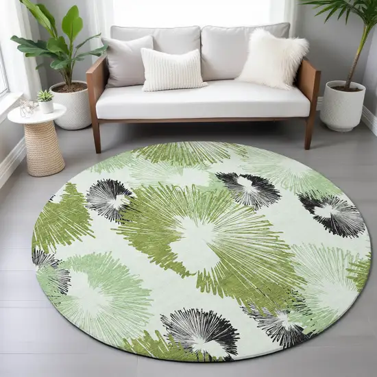 8' Olive Green Ivory And Charcoal Round Floral Washable Indoor Outdoor Area Rug Photo 6