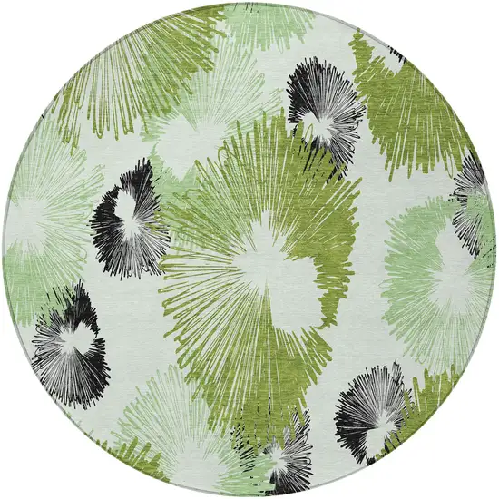 8' Olive Green Ivory And Charcoal Round Floral Washable Indoor Outdoor Area Rug Photo 3