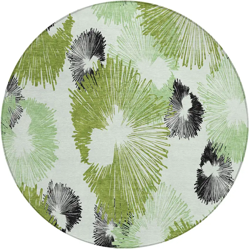 8' Olive Green Ivory And Charcoal Round Floral Washable Indoor Outdoor Area Rug Photo 1