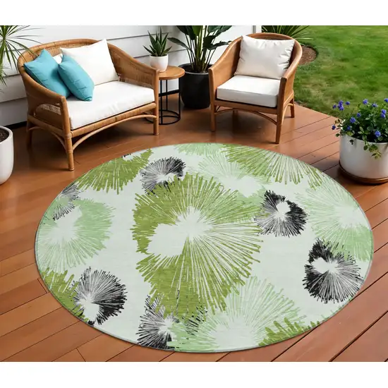8' Olive Green Ivory And Charcoal Round Floral Washable Indoor Outdoor Area Rug Photo 2