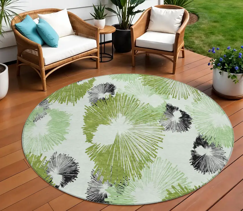 8' Olive Green Ivory And Charcoal Round Floral Washable Indoor Outdoor Area Rug Photo 2