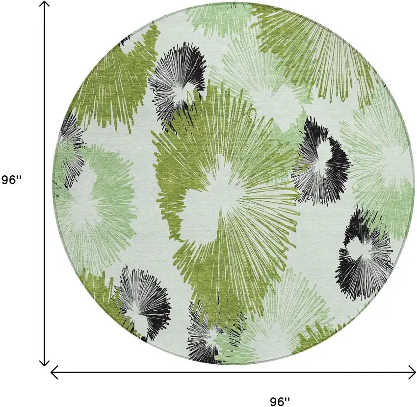 8' Olive Green Ivory And Charcoal Round Floral Washable Indoor Outdoor Area Rug Photo 7