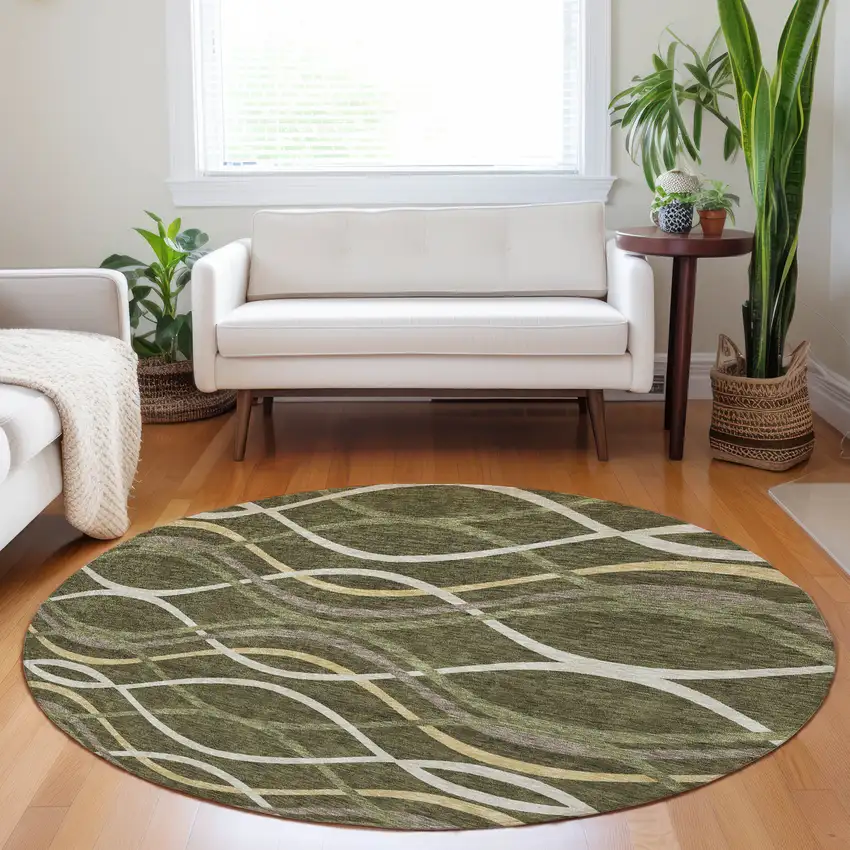 8' Olive Green Ivory And Gold Abstract Washable Round Rug With UV Protection Photo 4