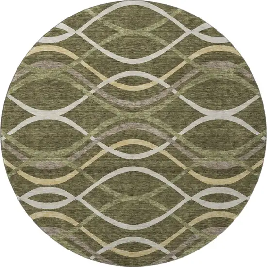 8' Olive Green Ivory And Gold Abstract Washable Round Rug With UV Protection Photo 3