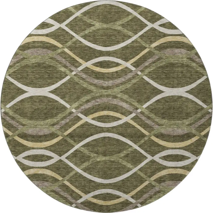8' Olive Green Ivory And Gold Abstract Washable Round Rug With UV Protection Photo 3
