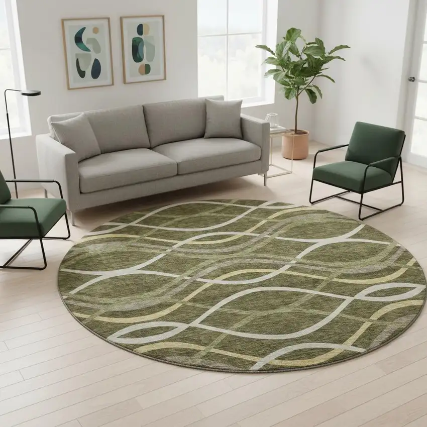 8' Olive Green Ivory And Gold Abstract Washable Round Rug With UV Protection Photo 2