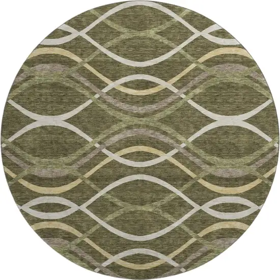 8' Olive Green Ivory And Gold Abstract Washable Round Rug With UV Protection Photo 1
