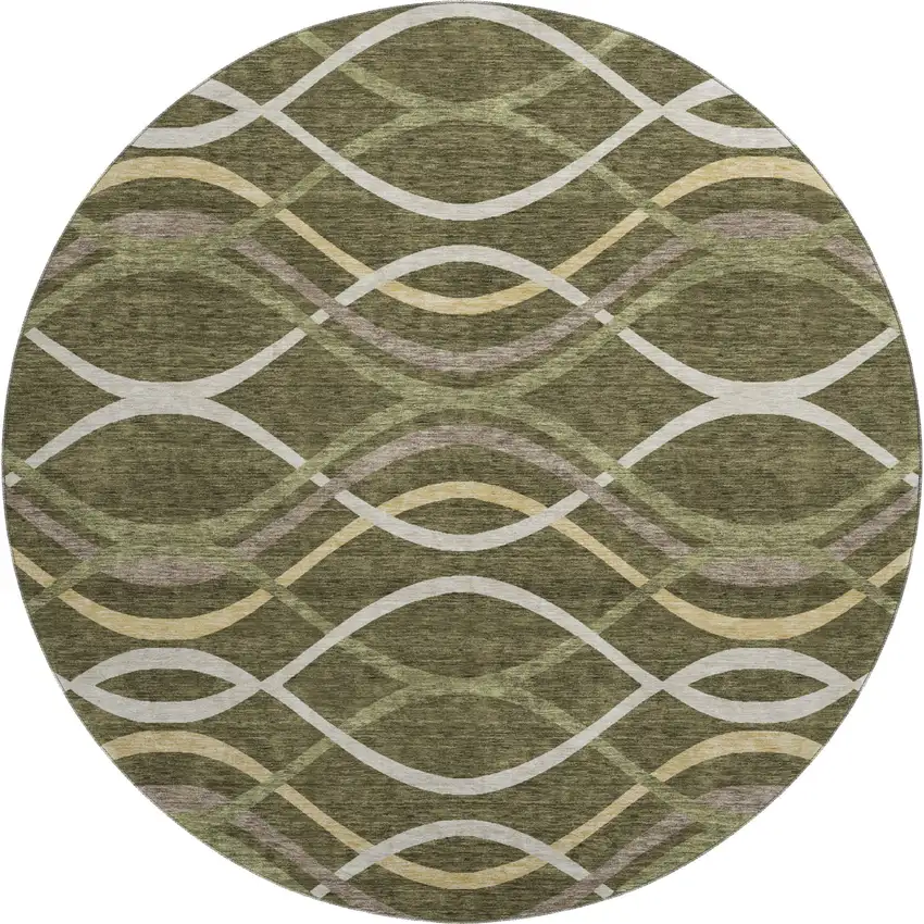 8' Olive Green Ivory And Gold Abstract Washable Round Rug With UV Protection Photo 1