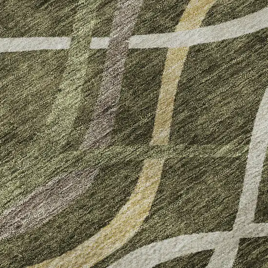 8' Olive Green Ivory And Gold Abstract Washable Round Rug With UV Protection Photo 8