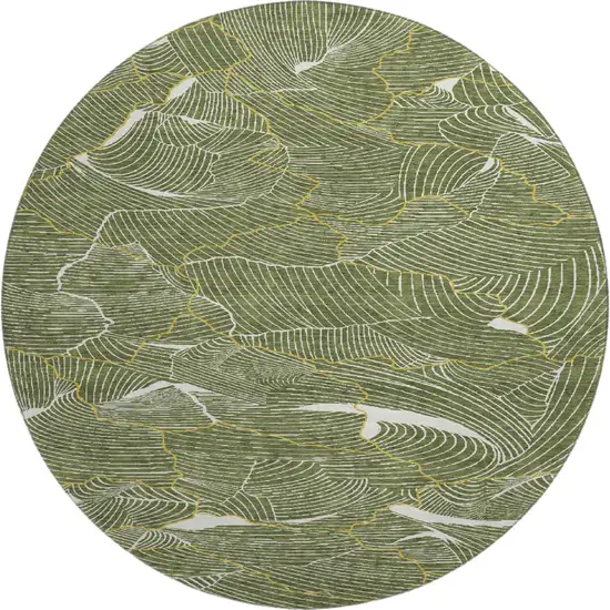 8' Olive Green Ivory And Gold Abstract Washable Round Rug With UV Protection Photo 1