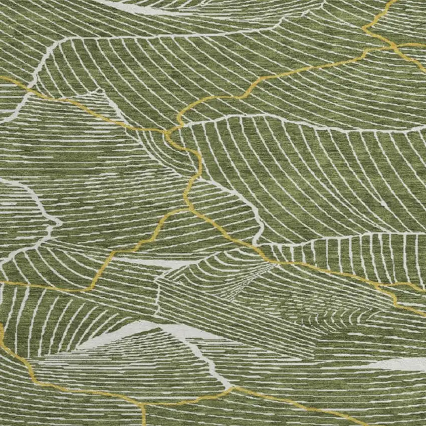 8' Olive Green Ivory And Gold Abstract Washable Round Rug With UV Protection Photo 2