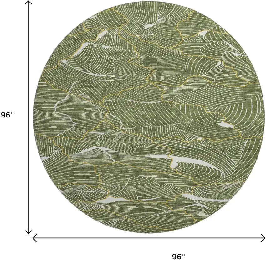 8' Olive Green Ivory And Gold Abstract Washable Round Rug With UV Protection Photo 9