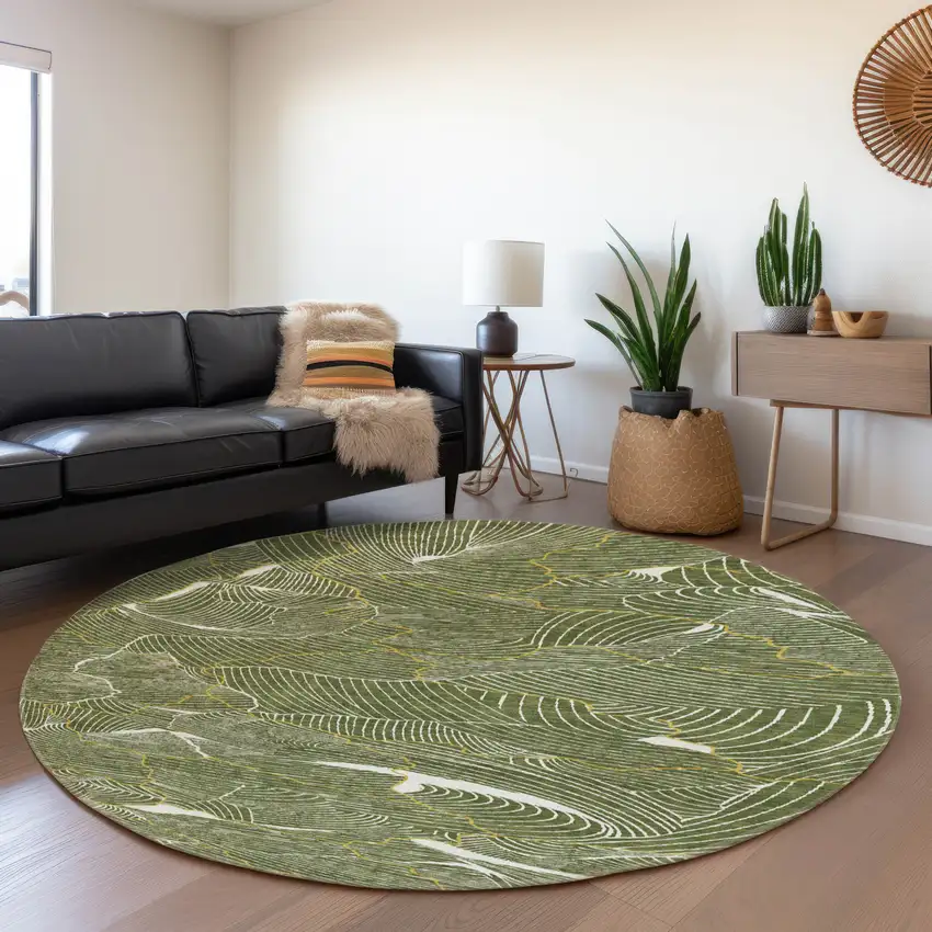 8' Olive Green Ivory And Gold Abstract Washable Round Rug With UV Protection Photo 4