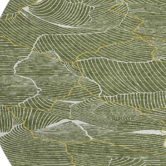 8' Olive Green Ivory And Gold Abstract Washable Round Rug With UV Protection Photo 3