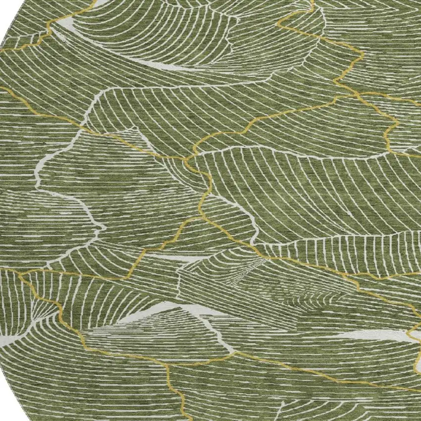 8' Olive Green Ivory And Gold Abstract Washable Round Rug With UV Protection Photo 3