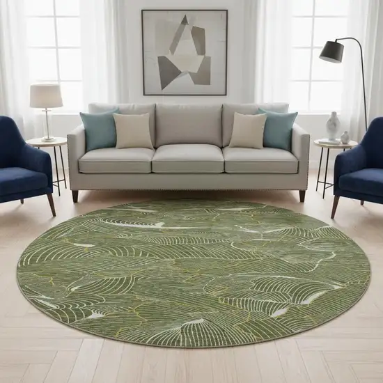 8' Olive Green Ivory And Gold Abstract Washable Round Rug With UV Protection Photo 2
