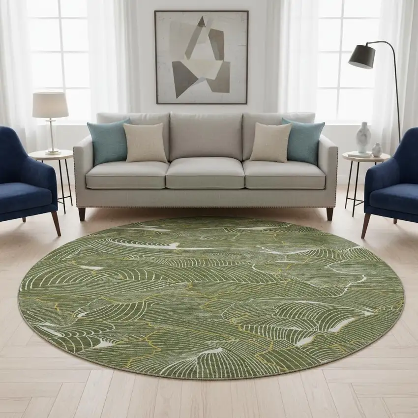8' Olive Green Ivory And Gold Abstract Washable Round Rug With UV Protection Photo 2