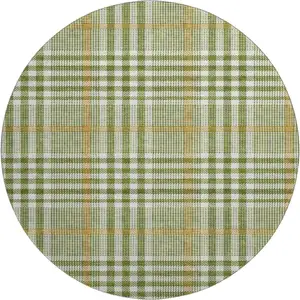 Photo of 8' Olive Green Ivory And Gold Plaid Washable Round Rug With UV Protection