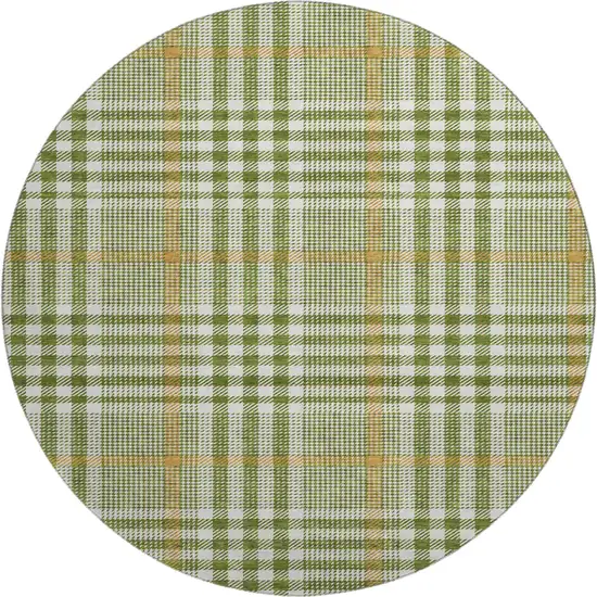 8' Olive Green Ivory And Gold Plaid Washable Round Rug With UV Protection Photo 1