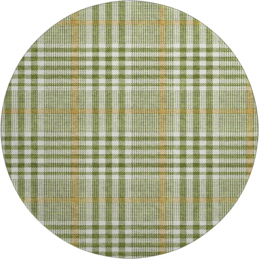 8' Olive Green Ivory And Gold Plaid Washable Round Rug With UV Protection Photo 1