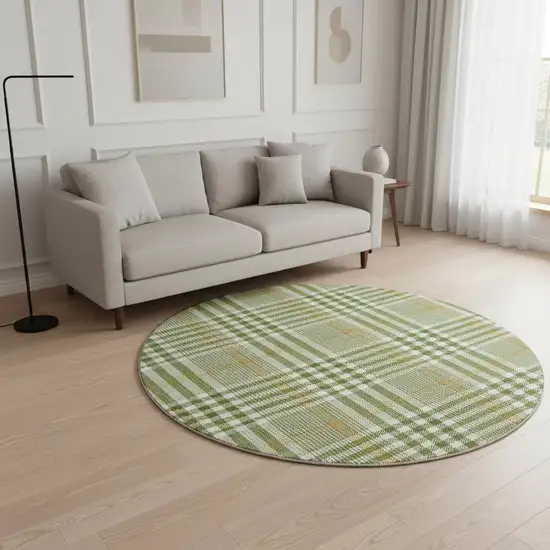 8' Olive Green Ivory And Gold Plaid Washable Round Rug With UV Protection Photo 2