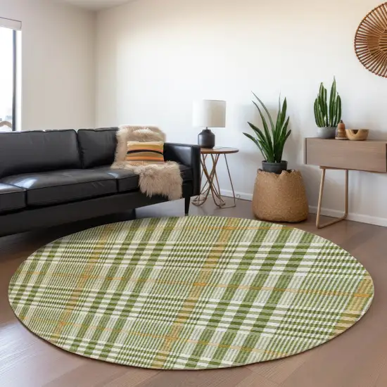 8' Olive Green Ivory And Gold Plaid Washable Round Rug With UV Protection Photo 3