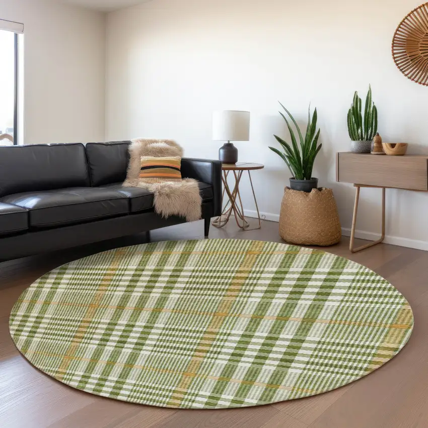 8' Olive Green Ivory And Gold Plaid Washable Round Rug With UV Protection Photo 3