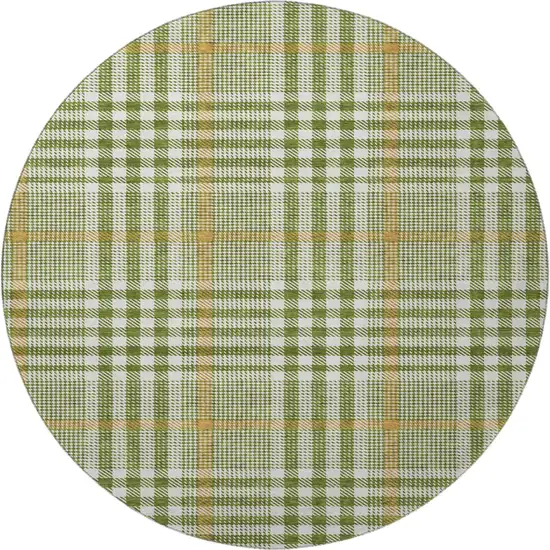 8' Olive Green Ivory And Gold Plaid Washable Round Rug With UV Protection Photo 2