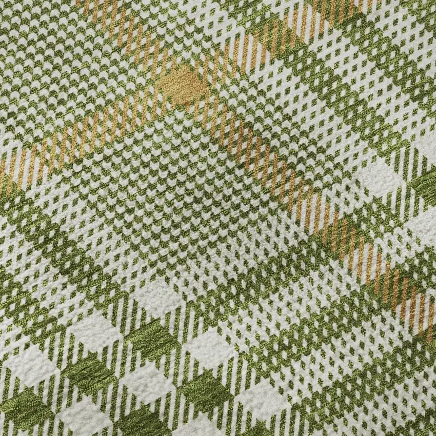 8' Olive Green Ivory And Gold Plaid Washable Round Rug With UV Protection Photo 7