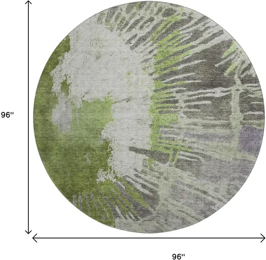 8' Olive Green Ivory And Gray Abstract Washable Round Rug With UV Protection Photo 9