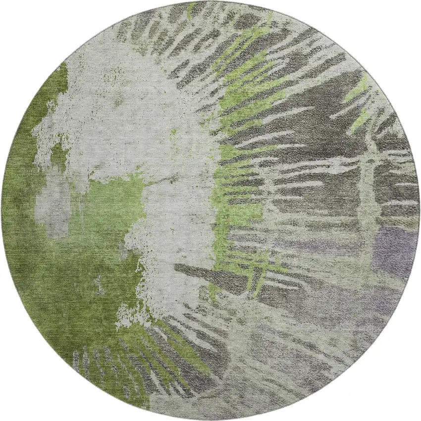 8' Olive Green Ivory And Gray Abstract Washable Round Rug With UV Protection Photo 1
